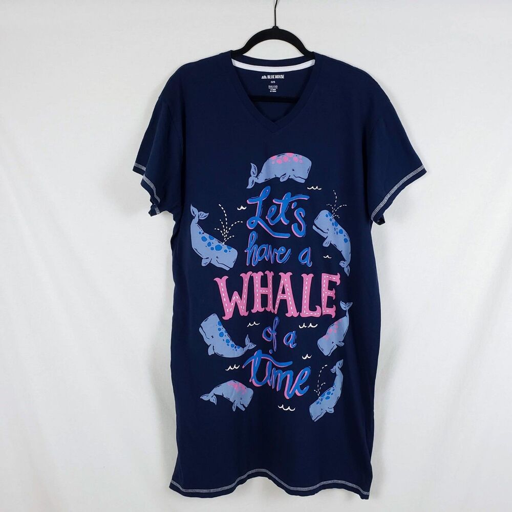 Little Blue House Womens O/S Whale Sleep Shirt Navy Blue Nightgown V-Neck